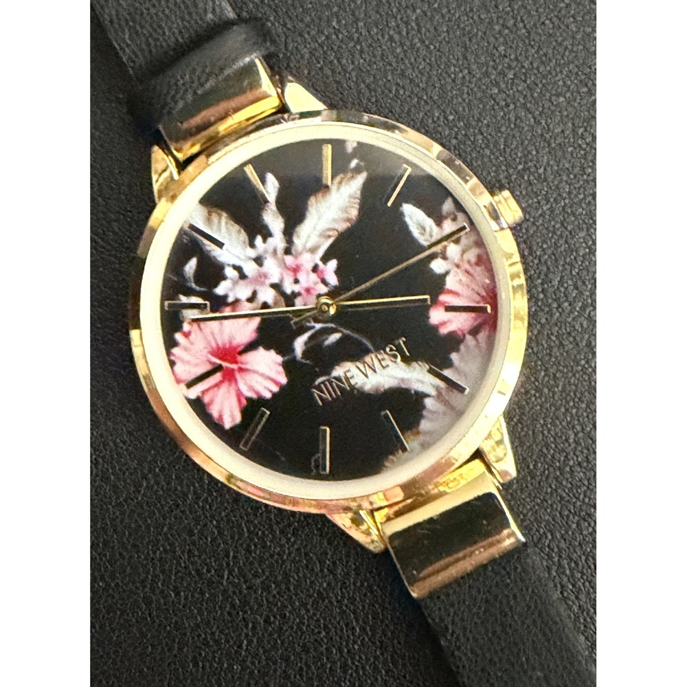 Nine West Watch Womens Black Gold Tone Floral